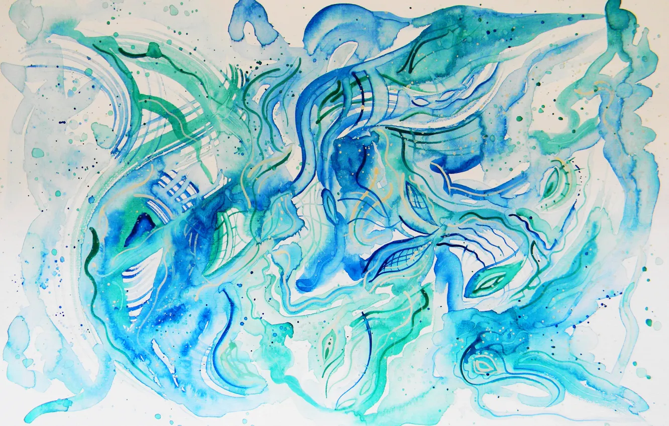 Фото обои голубой, масло, пастель, зелёный, маркеры, гуашь, Акварель, акрил, гель, Лена Роговая