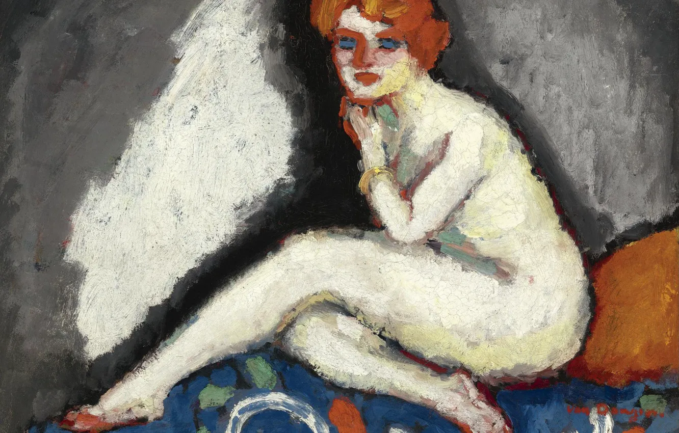Фото обои масло, голубые глаза, Сидящая обнаженная, рыжая женщина, Кес ван Донген, холст., 1906-1907