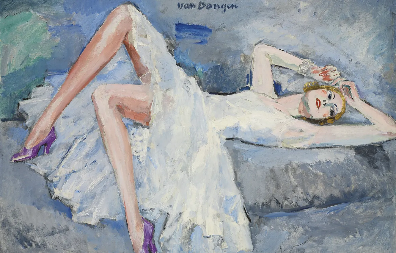 Фото обои масло, платье, блондинка, холст, 1921, Kees van Dongen, Сиреневые туфли, девушка на кровате