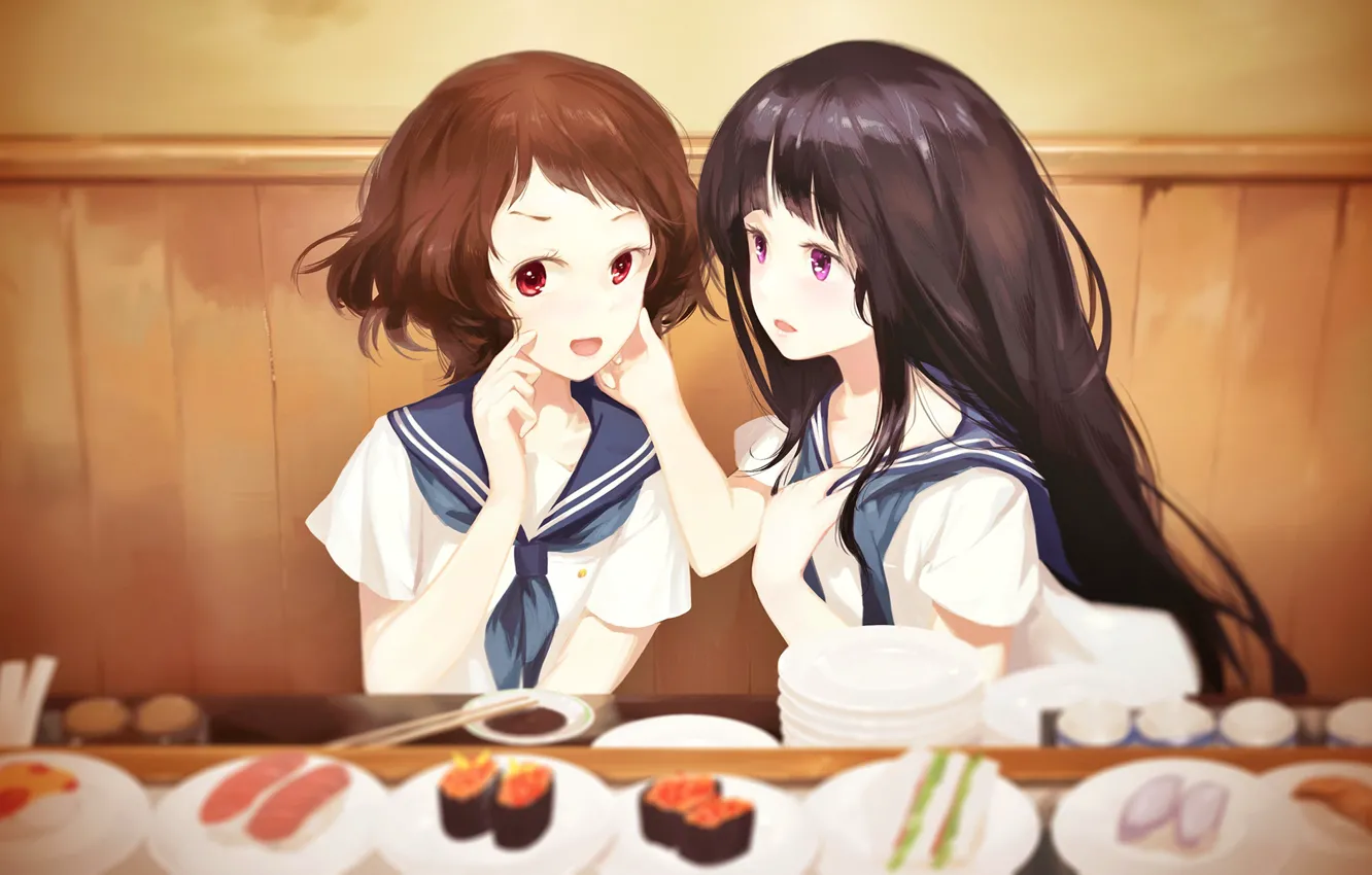 Фото обои стол, школьницы, подруги, суши, японская кухня, Hyouka, Chitanda Eru, матроска, Mayaka Ibara, две девочки