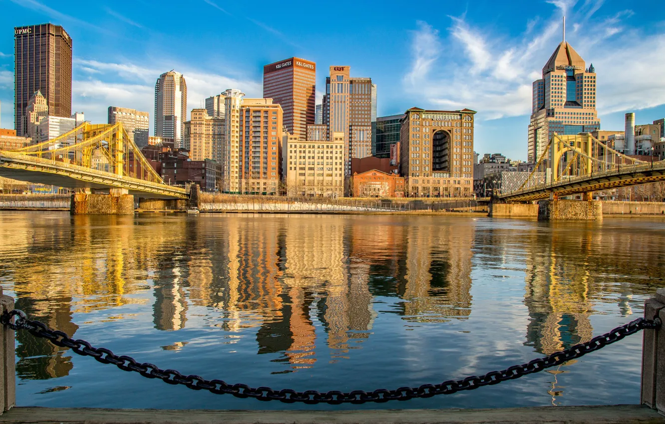 Фото обои река, здания, цепь, мосты, Пенсильвания, набережная, Pennsylvania, ...
