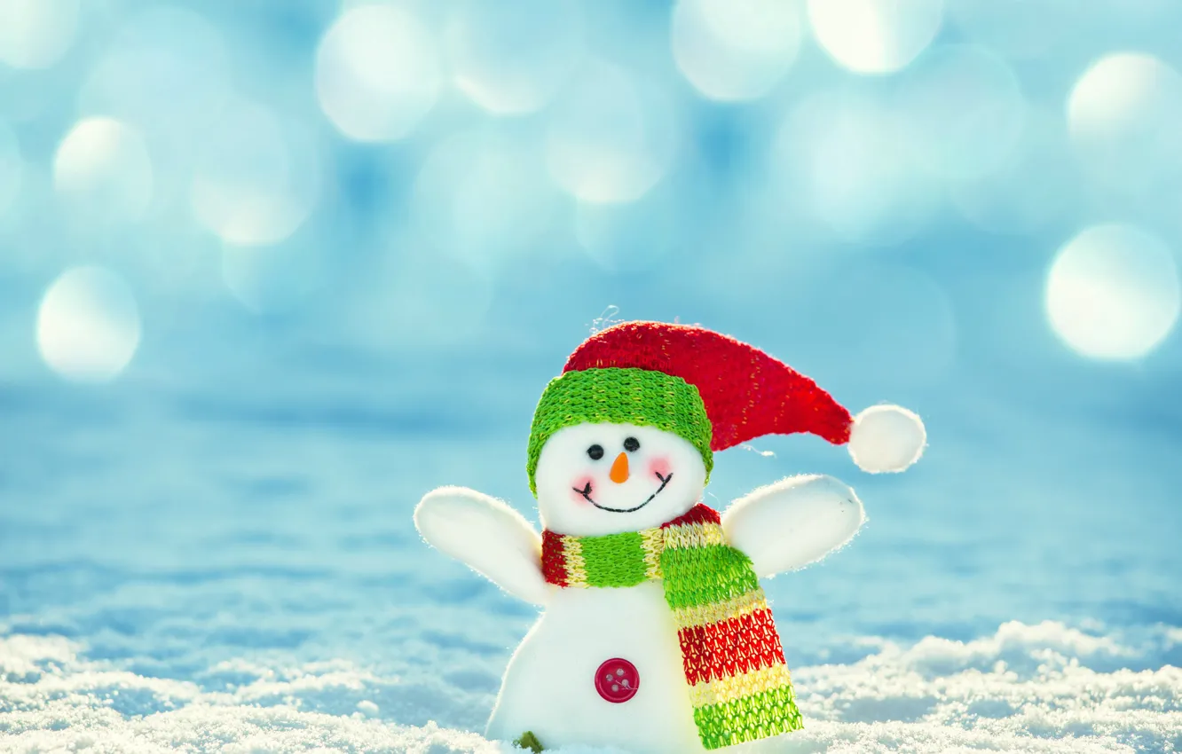 Фото обои снег, улыбка, игрушка, снеговик, шарфик