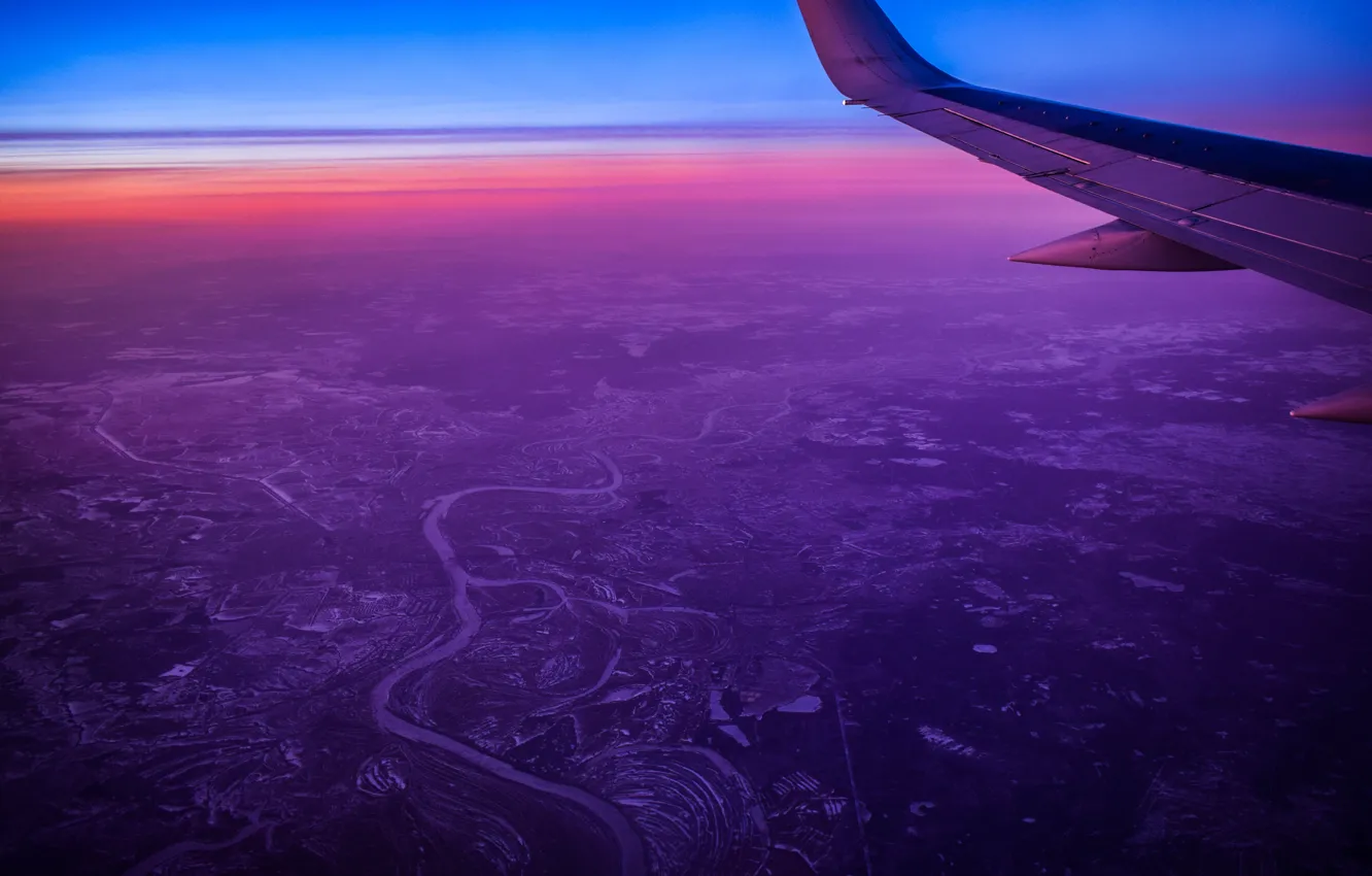 Фото обои зима, полет, самолет, река, крыло самолета, вид с высоты