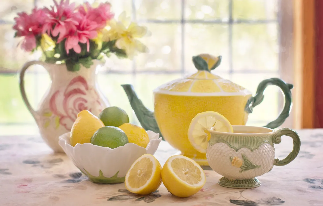 Фото обои цветы, лимон, чай, букет, чайник, чашка, лайм, цитрус