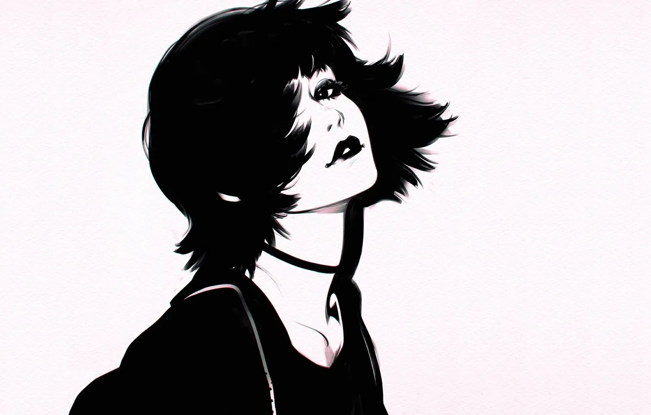 Фото обои стрижка, черно-белая, губы, серый фон, шея, челка, портрет девушки, Илья Кувшинов