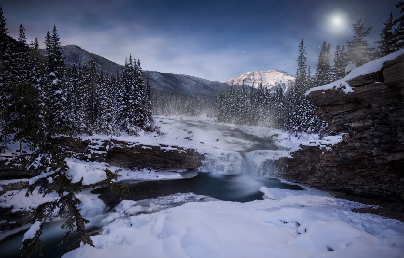 Фото обои зима, лес, снег, деревья, горы, река, водопад, Канада, Альберта, Alberta, Canada, Скалистые горы, Rocky Mountains, …
