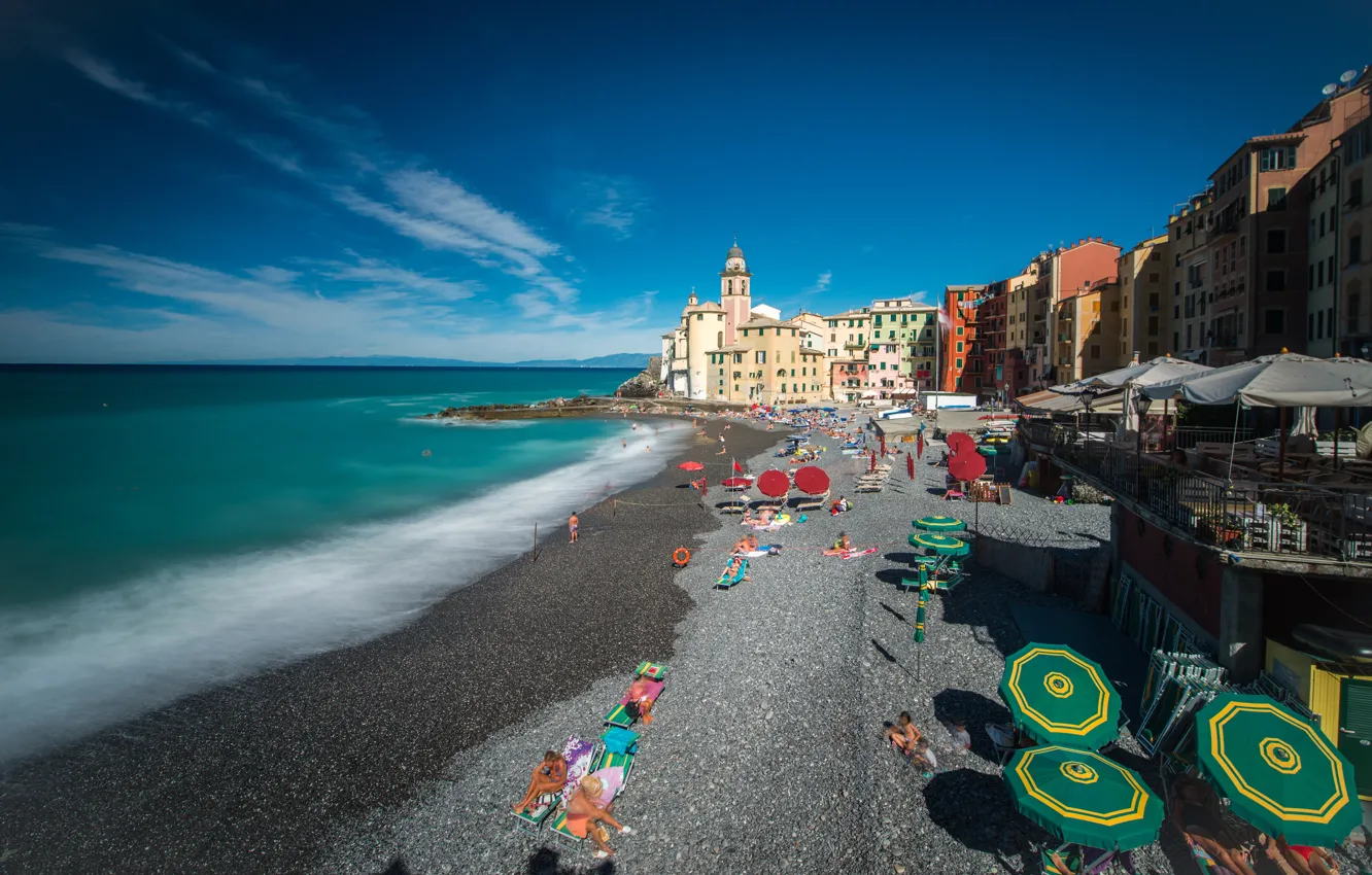 Фото обои море, пляж, берег, Италия, Italy, travel, Camogli, Liguria, basilica