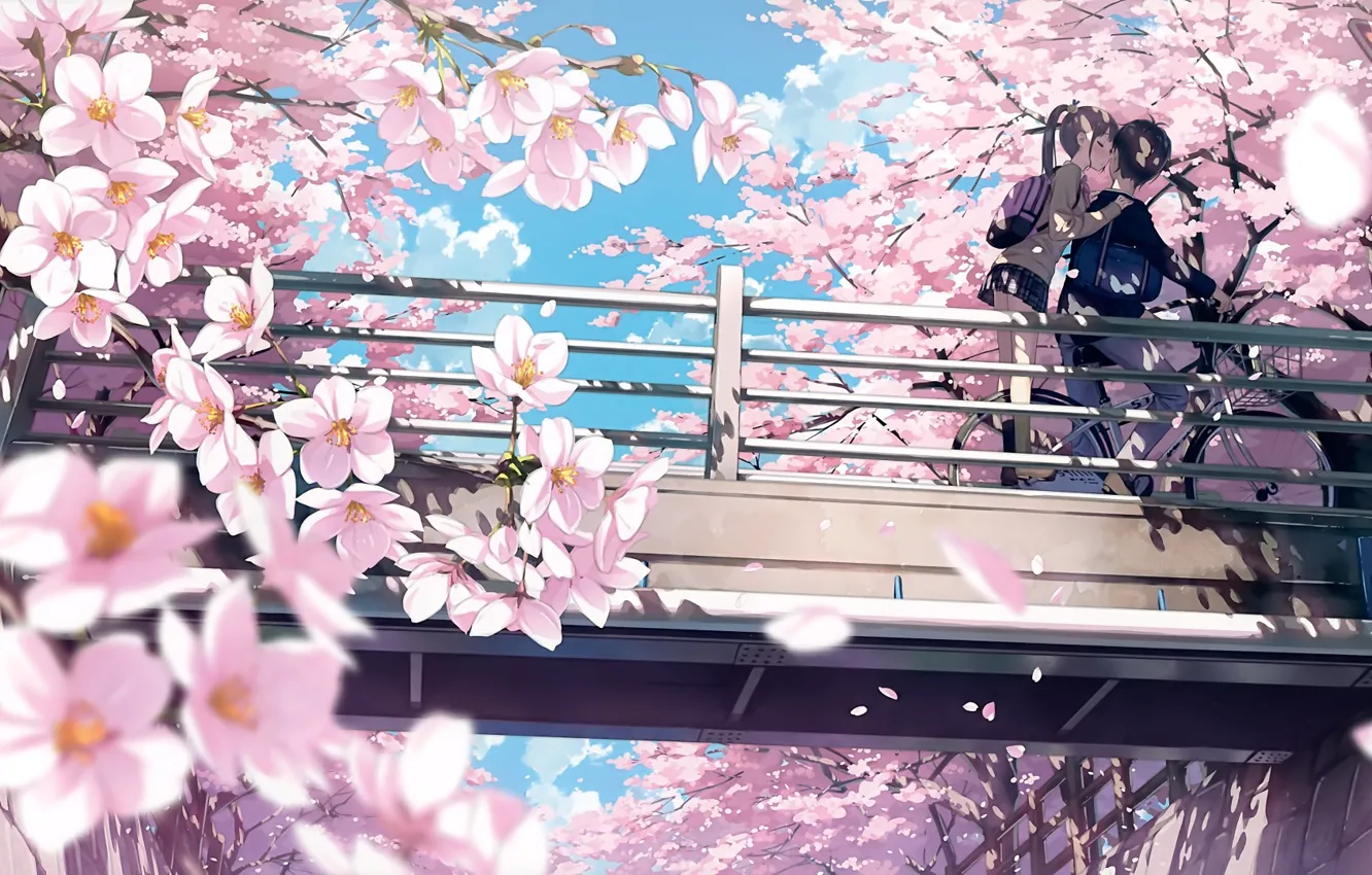 Фото обои цветы, аниме, арт, девочка, парень, kantoku