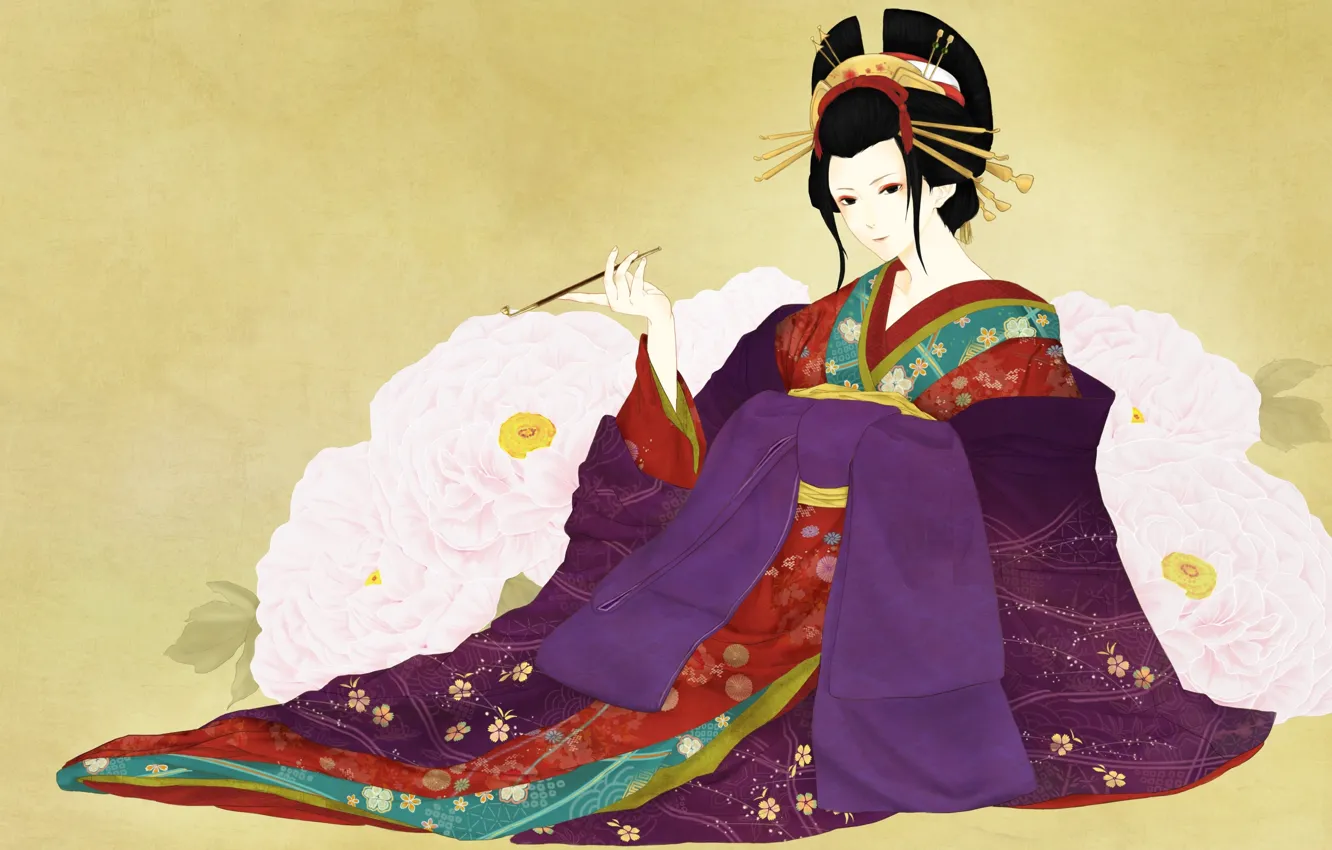 Фото обои девушка, цветы, арт, гейша, кимоно