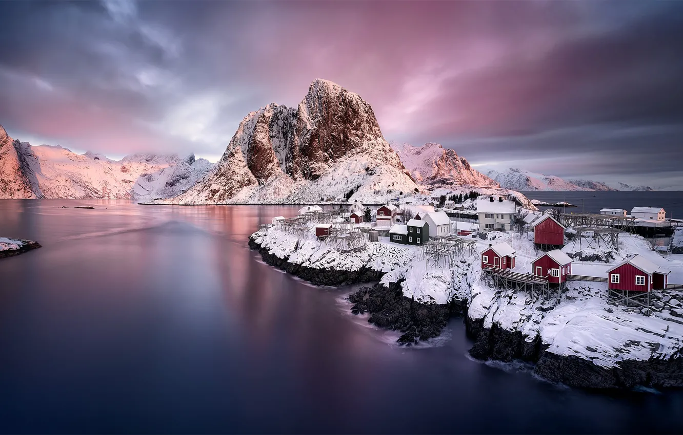 Фото обои зима, небо, снег, горы, Норвегия, городок, поселение, фьорд