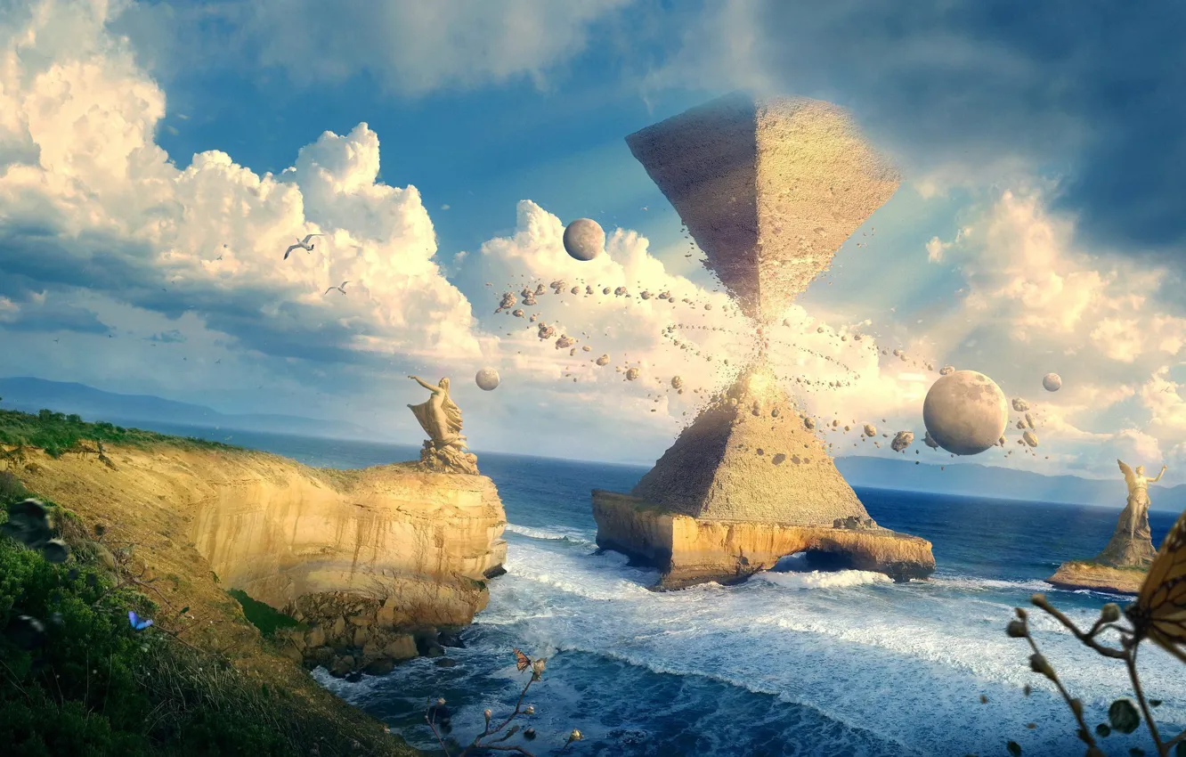 Фото обои море, небо, облака, птицы, шары, бабочка, берег, пирамиды, статуи...