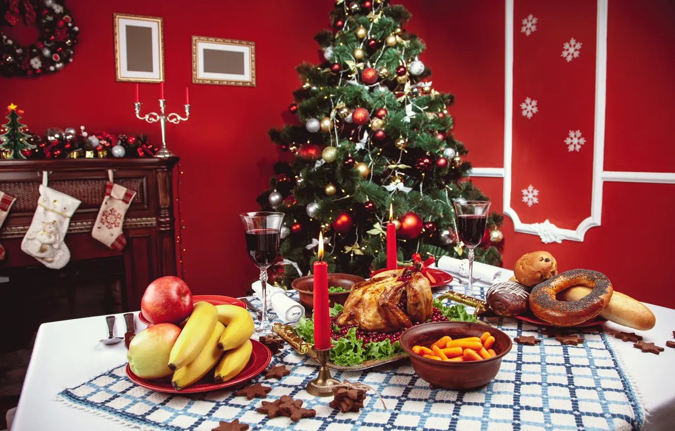 Фото обои праздник, игрушки, елка, новый год, декор, праздничный стол