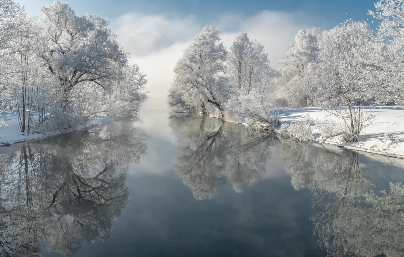 Фото обои зима, иней, деревья, отражение, река, Германия, Бавария, Germany, Bavaria, Loisach River, Река Лойзах