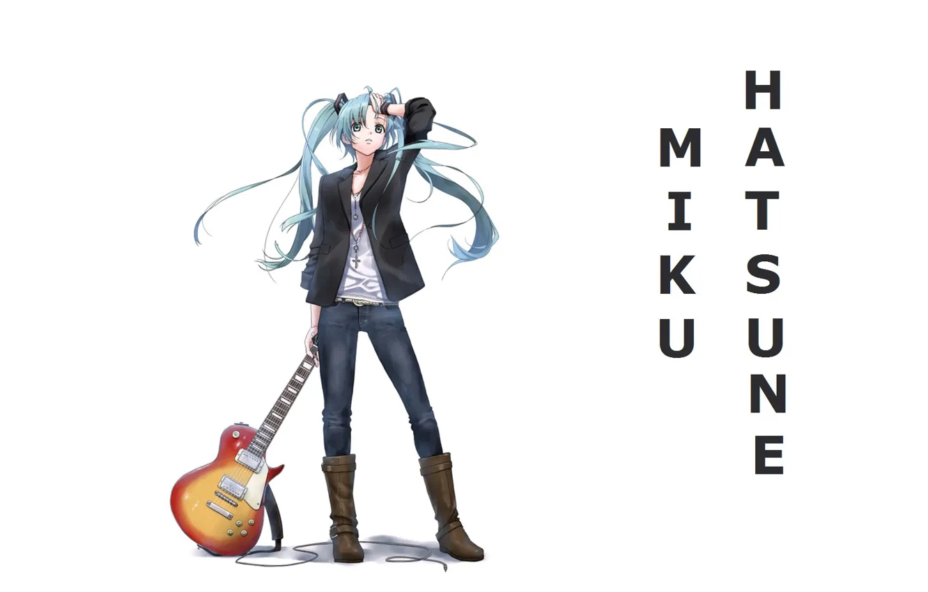 Фото обои гитара, джинсы, сапоги, белый фон, vocaloid, hatsune miku, длинные волосы, вокалоид, хатсуне мику, два хвостика
