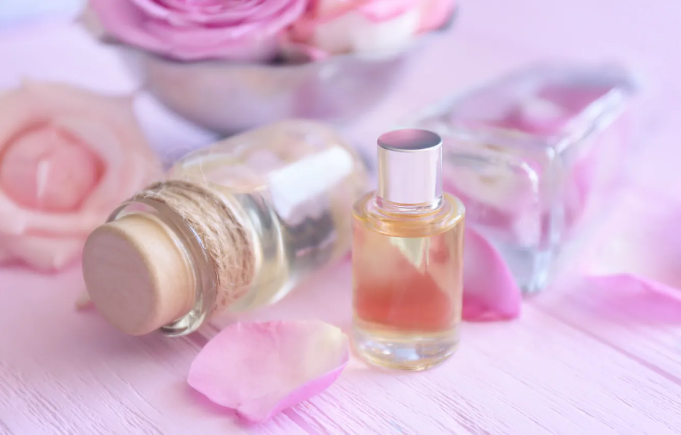 Фото обои духи, лепестки, rose, pink, petals, розовые розы, spa, oil, parfume