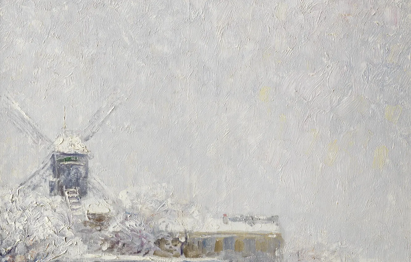Фото обои зима, масло, мельница, холст, Kees van Dongen, Мулен де ла Галетт под снегом, 1904-1905