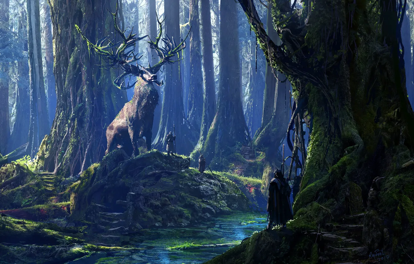 Фото обои лес, река, люди, зверь, Cernunnos and his Druids. 