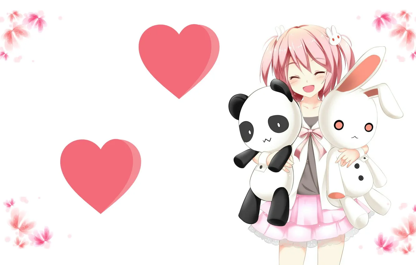 Фото обои настроение, игрушки, аниме, арт, девочка, сердечки, зайчик. панда