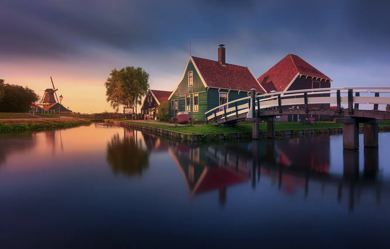 Фото обои река, вечер, канал, домики, домик, Нидерланды, мостик