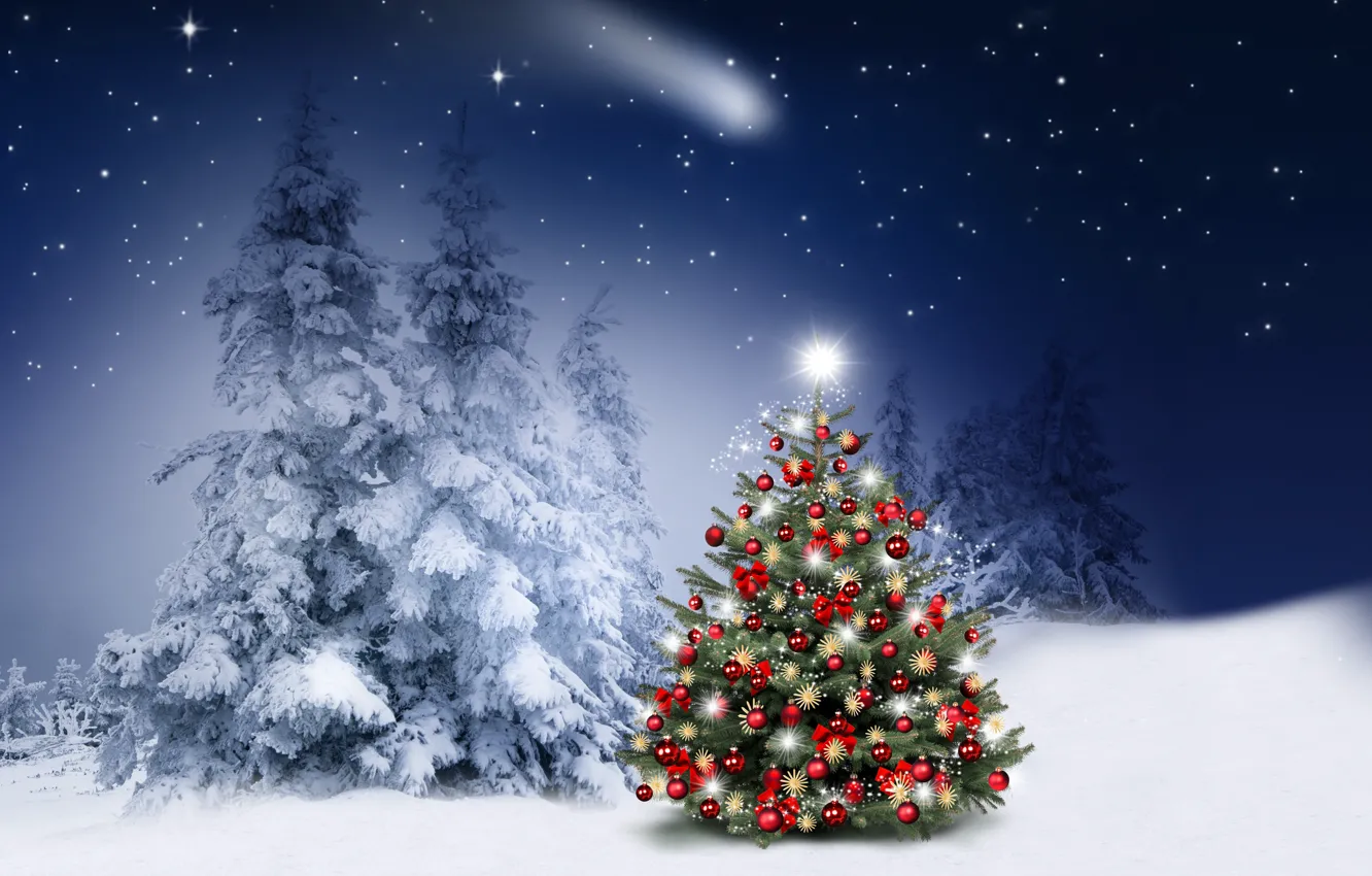 Фото обои зима, снег, украшения, снежинки, шары, елки, Новый Год, Рождество, happy, Christmas, night, winter, snow, Merry …
