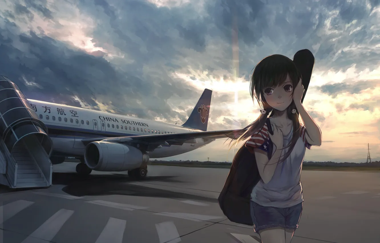 Фото обои girl, sky, anime, airplane, flag, japanese, China Souther