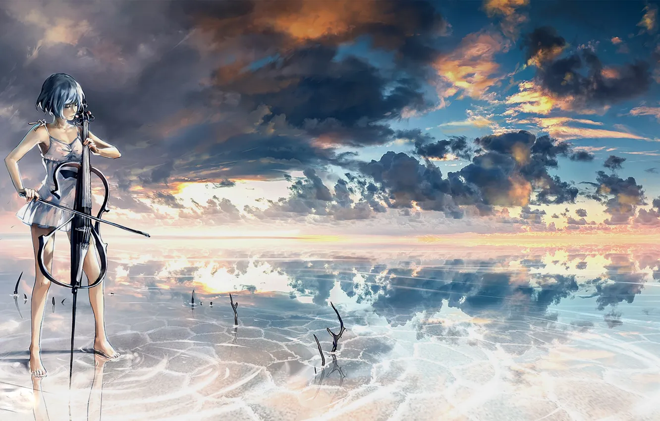 Фото обои девушка, облака, отражение, музыка, небеса, аниме, арт, инструмент
