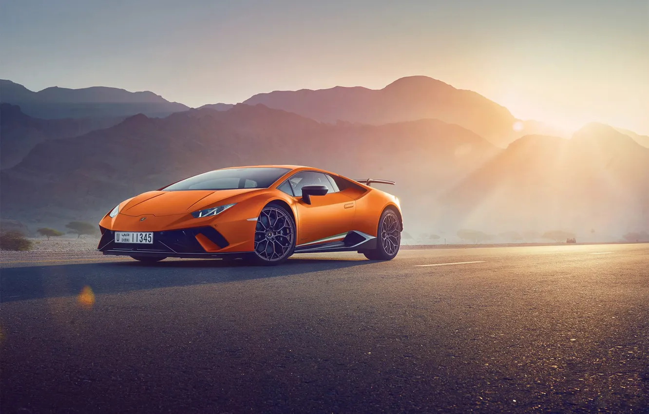 Фото обои Lamborghini, Orange, Sun, Supercar, Huracan, Perfomante