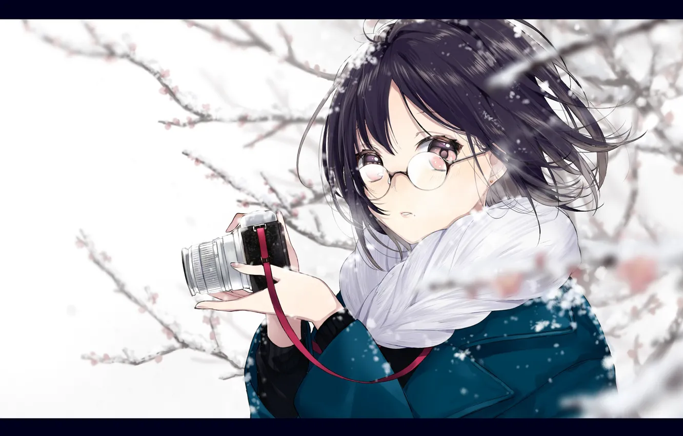 Фото обои девушка, снег, удивление, аниме, арт, очки, фотоаппарат, sogawa