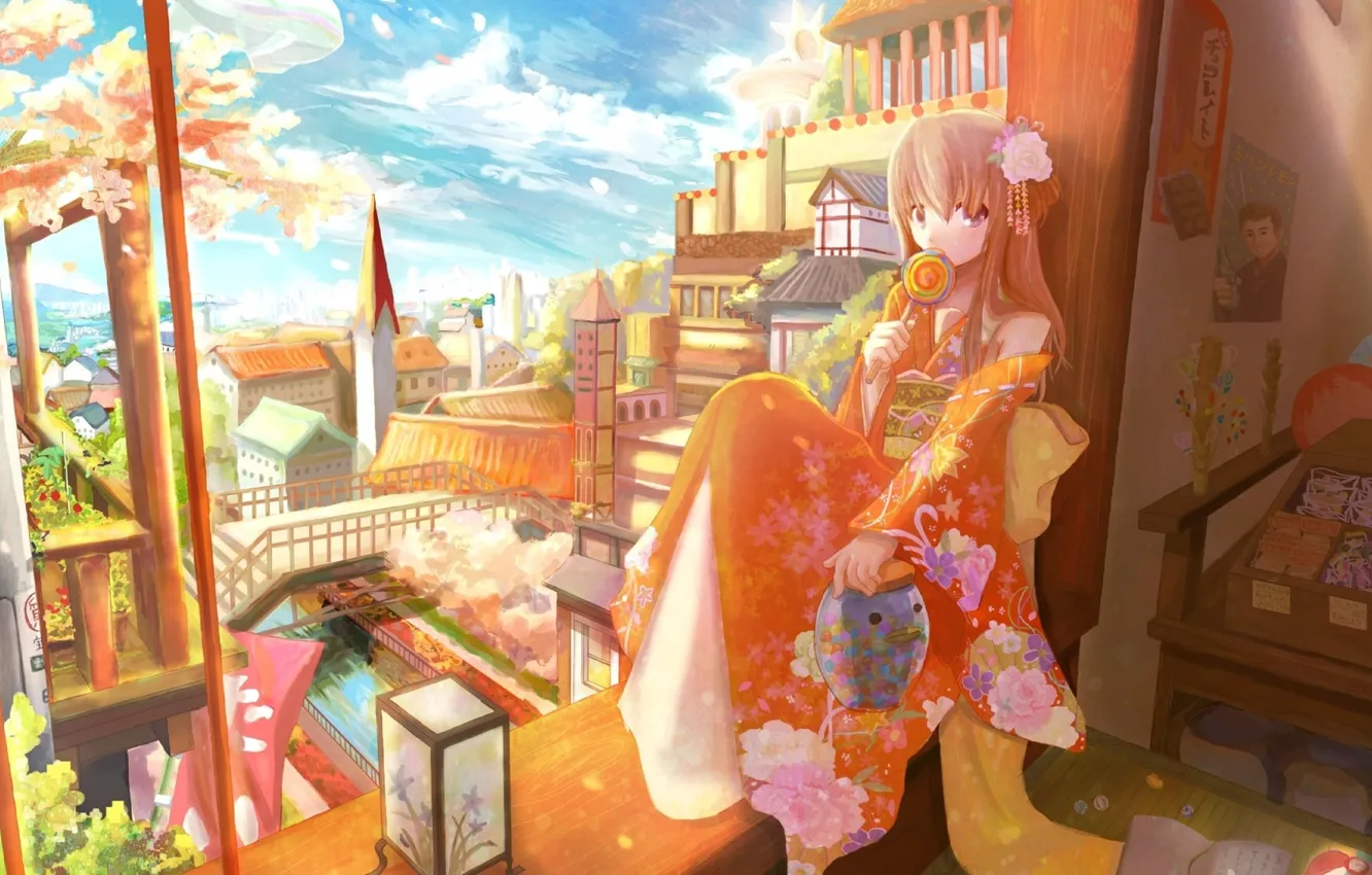 Фото обои мост, река, башня, растения, весна, фонарик, девочка, кимоно, цветение, вид из окна, голубое небо, цветок …