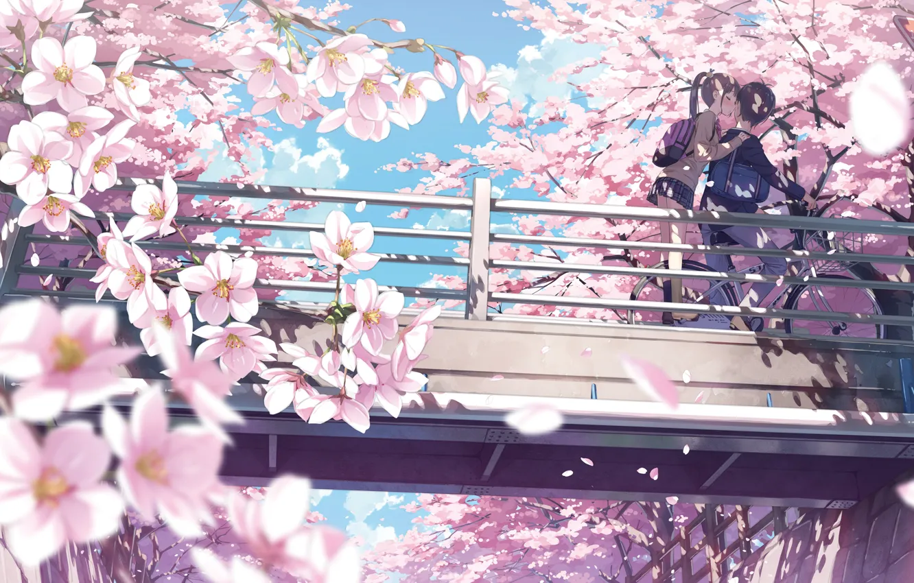 Фото обои Поцелуй, Весна, Сакура, Пара, Арт, Kantoku