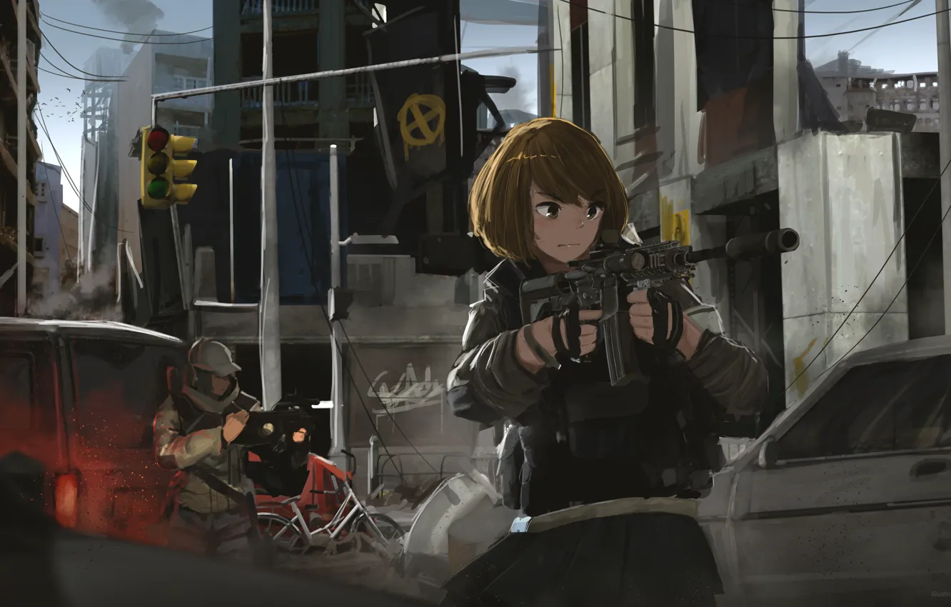 Фото обои девушка, оружие, аниме