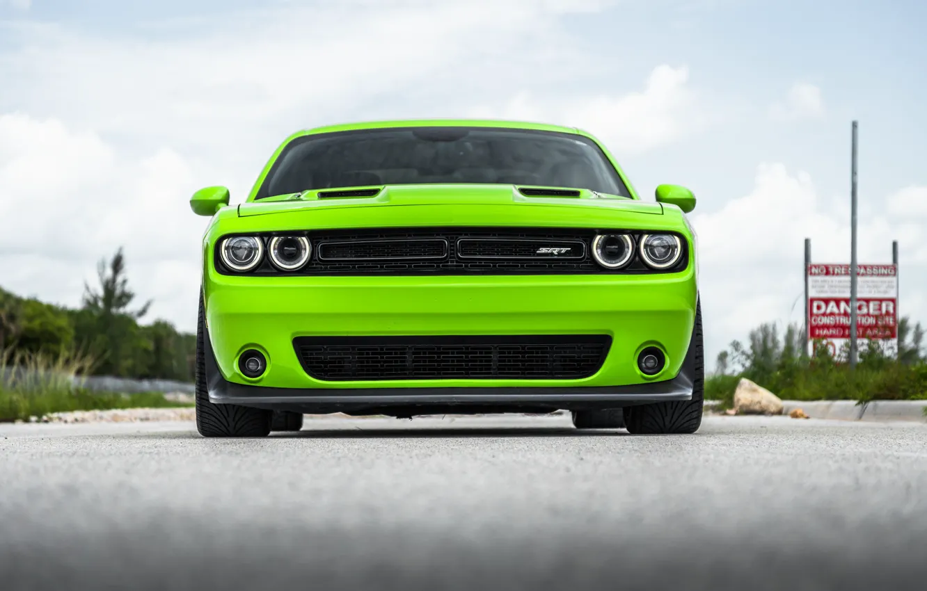 Фото обои Dodge, Challenger, Front, Yellow, Face, Sight