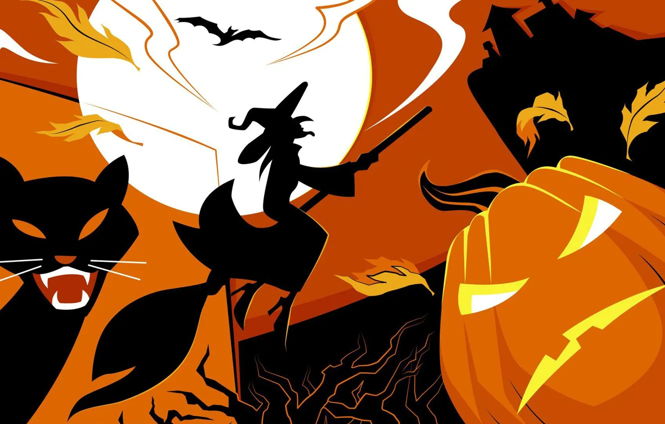 Фото обои vector, Halloween, moon, house, bat, holiday, pumpkin, witch, sca...
