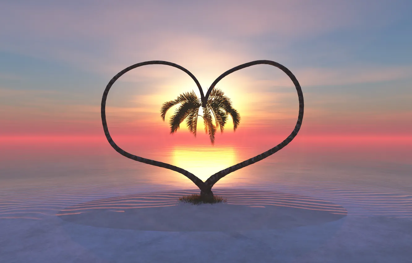 Фото обои закат, пальмы, сердце