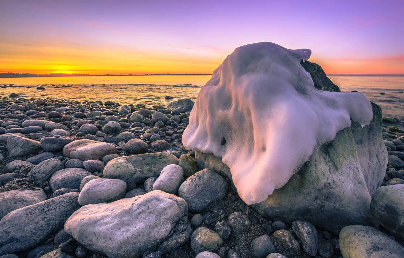 Фото обои море, закат, камни, побережье, лёд, Швеция, Sweden, Torö, Nynäshamn