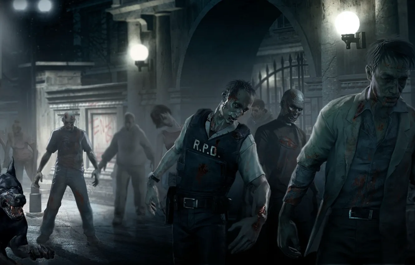 Фото обои zombie, blood, game, undead, police, dog, Resident Evil, man, cop...
