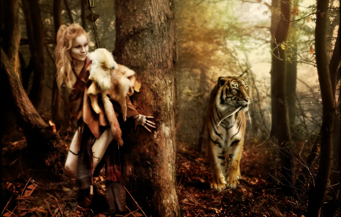Фото обои лес, тигр, женщина, Digital Art, brandrificus, lets play hide and seek