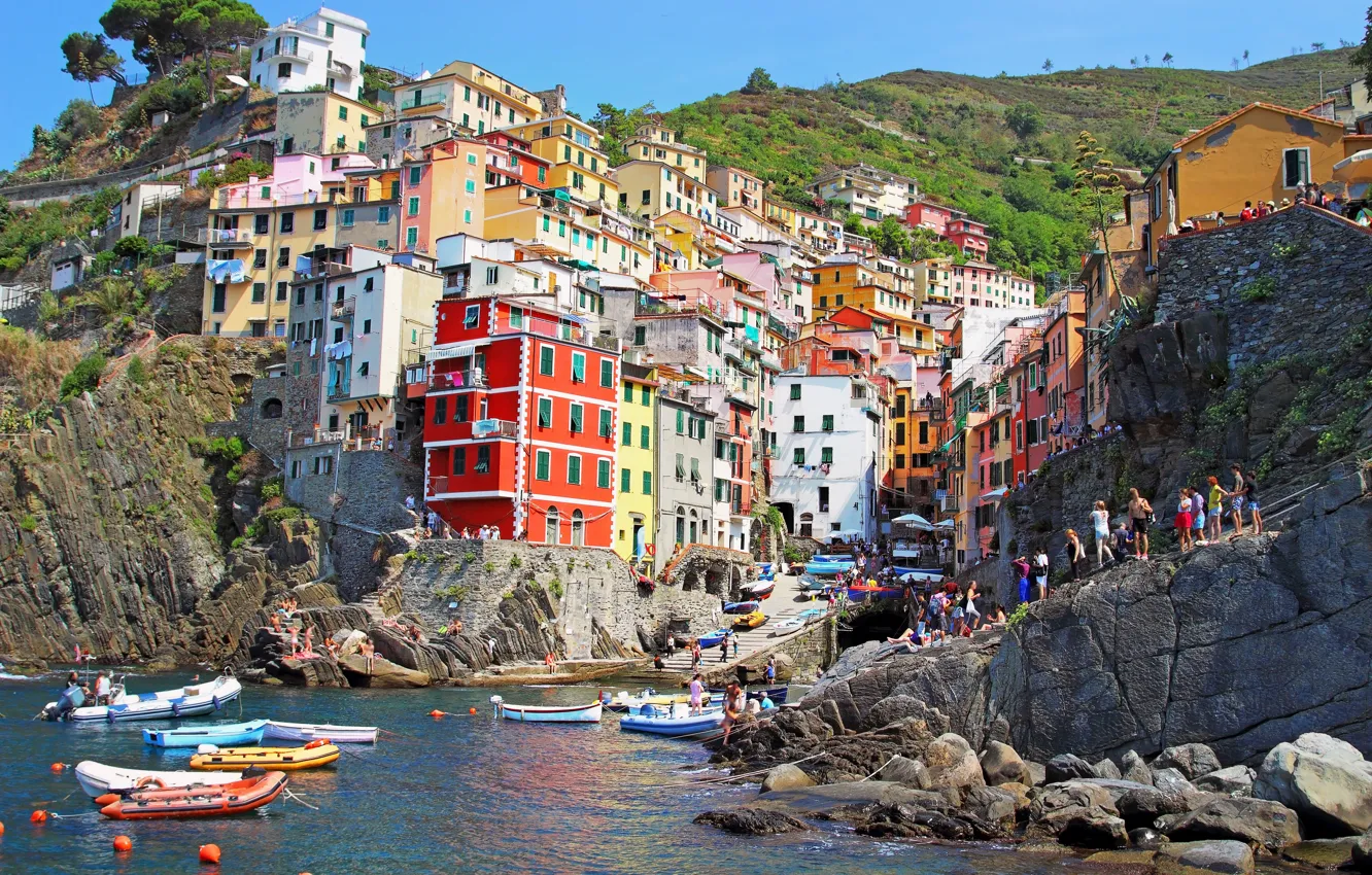 Фото обои море, скалы, побережье, вилла, лодки, Италия, домики, Riomaggiore, travel