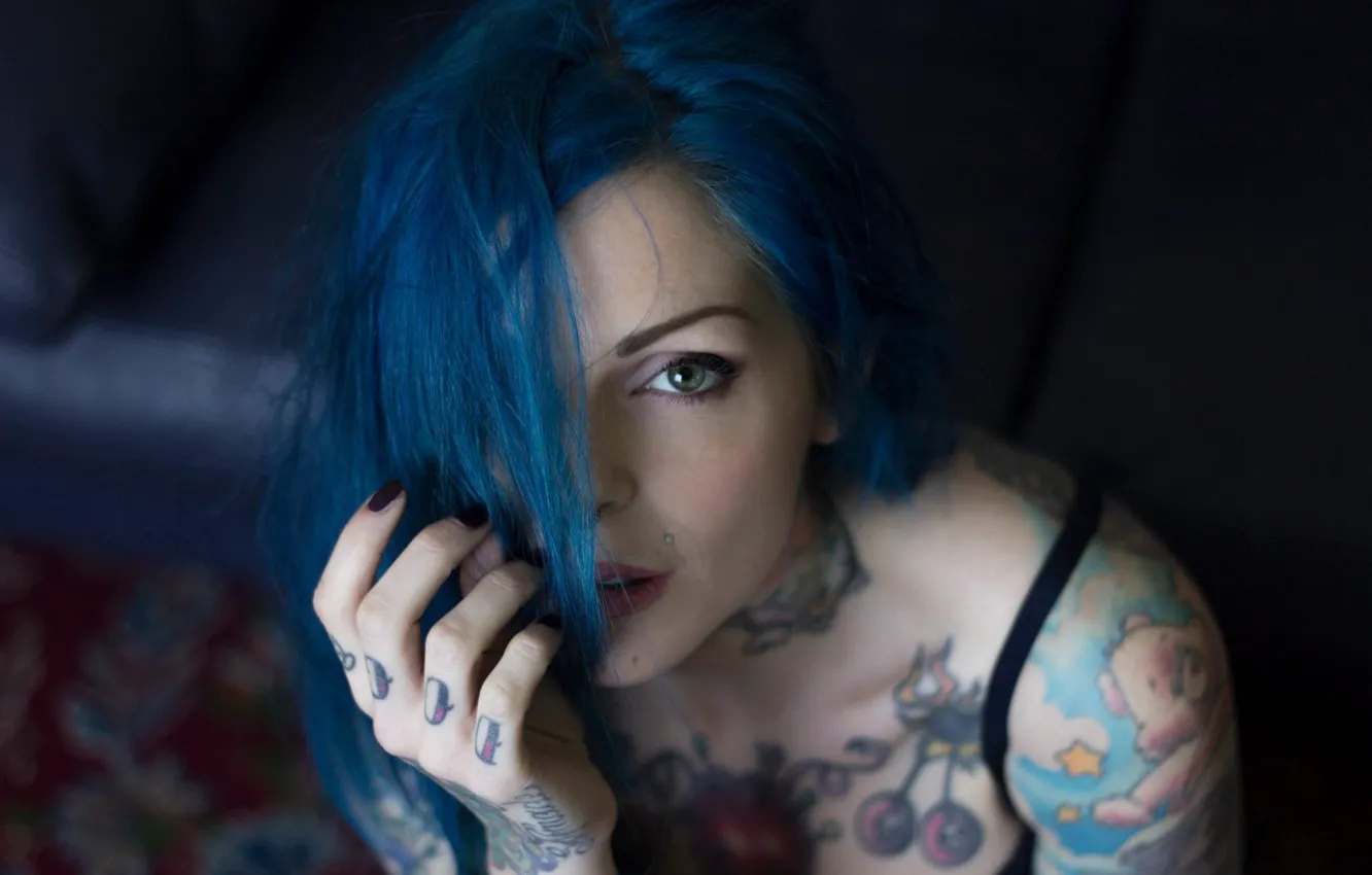 Фото обои девушка, модель, татуировки, синие волосы, Tatoo, suicide girls, Riae