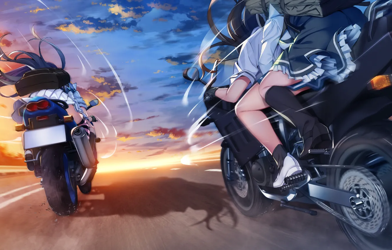 Фото обои дорога, девушки, мотоциклы, скорость, аниме, Grisaia: Phantom Trigger