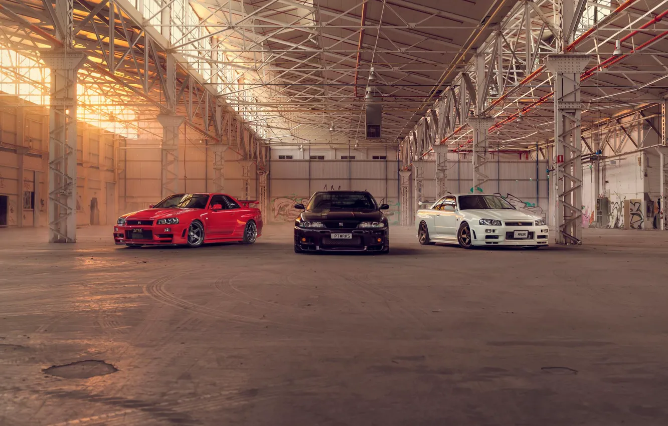 Фото обои Nissan, Red, Car, Black, White, Skyline, R34, Nismo, R33