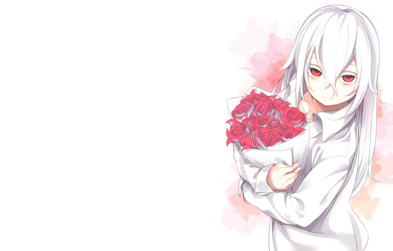 Фото обои розы, букет, аниме, арт, парень, albino anime guy