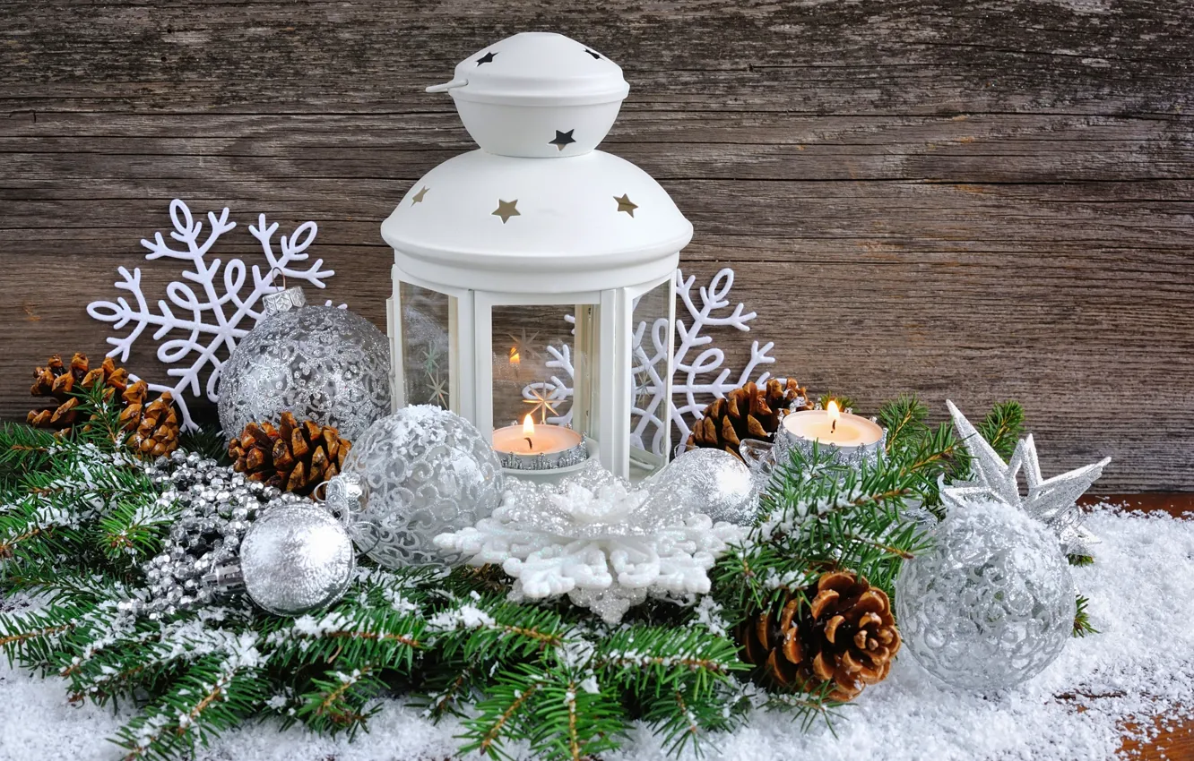 Фото обои шар, ель, свечи, Рождество, фонарик, Новый год, шишка, Christmas, decoration, декорация