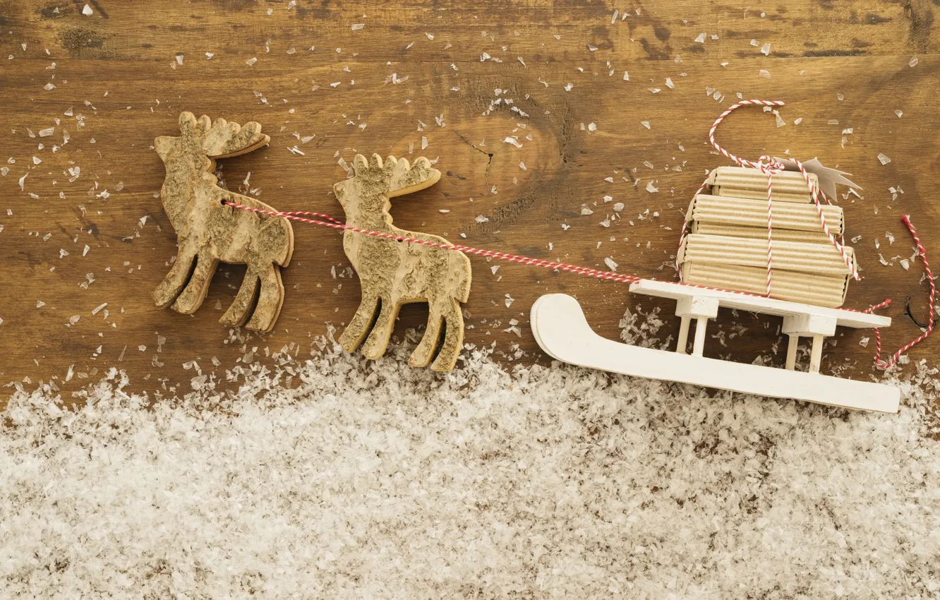 Фото обои снег, фон, праздник, игрушка, сани, олени