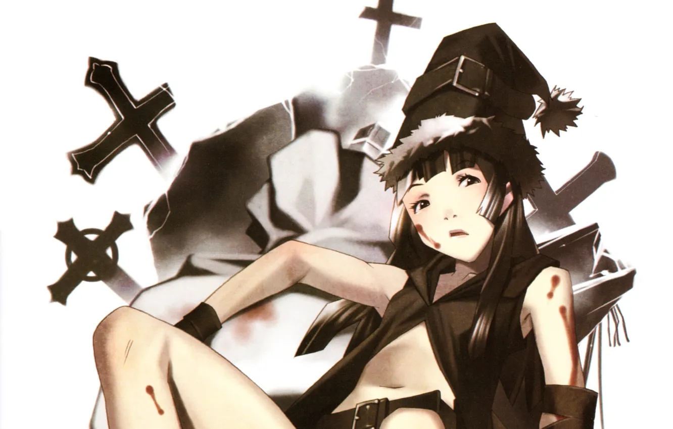 Фото обои кресты, кровь, ведьма, art, раны, witch, шляпа ведьмы, черная магия, Kouji Odata