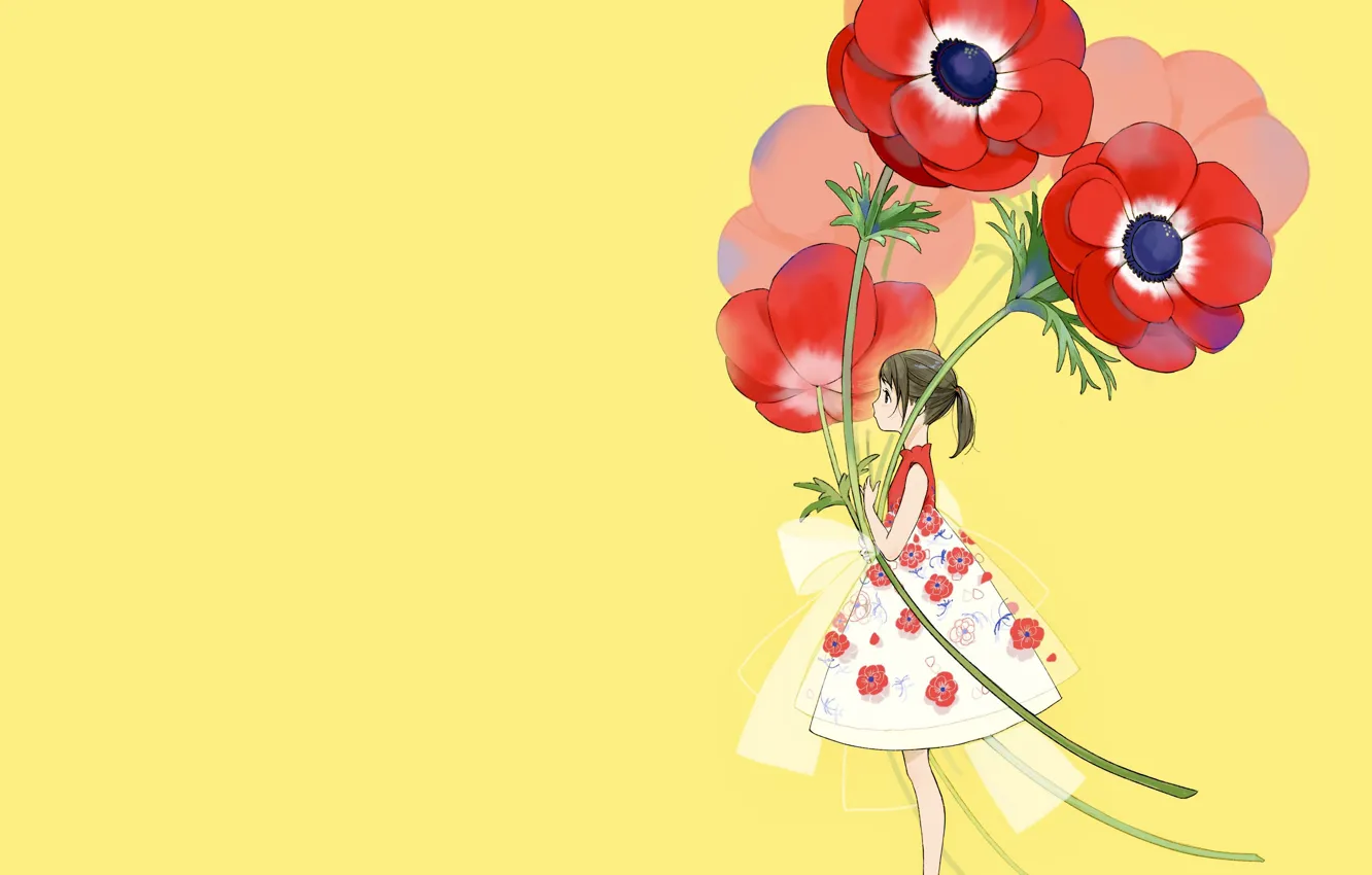 Фото обои цветы, маки, аниме, девочка, жёлтый фон