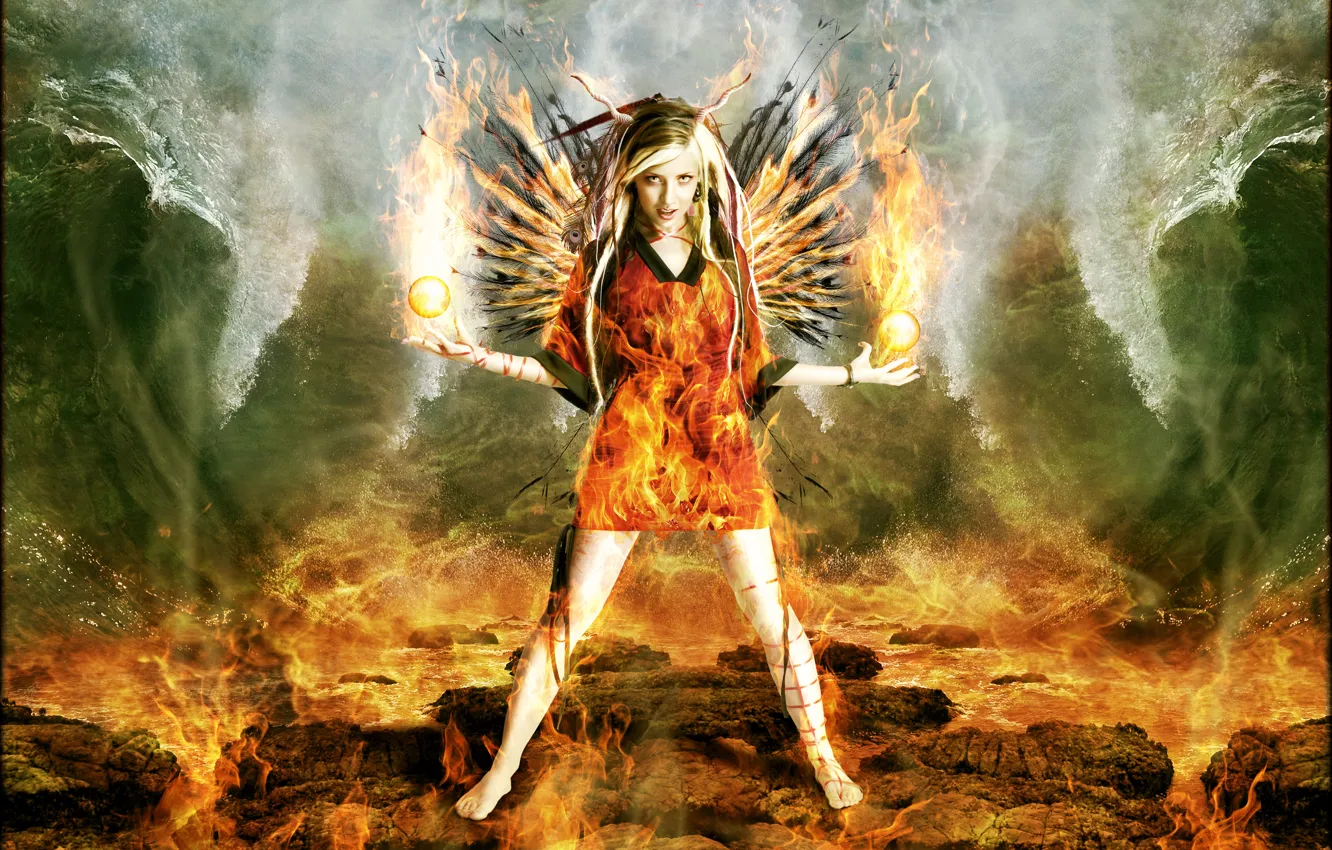 Фото обои волны, девушка, шарики, огонь, рога, Digital Art, brandrificus, огненный ангел, firestarter full scene