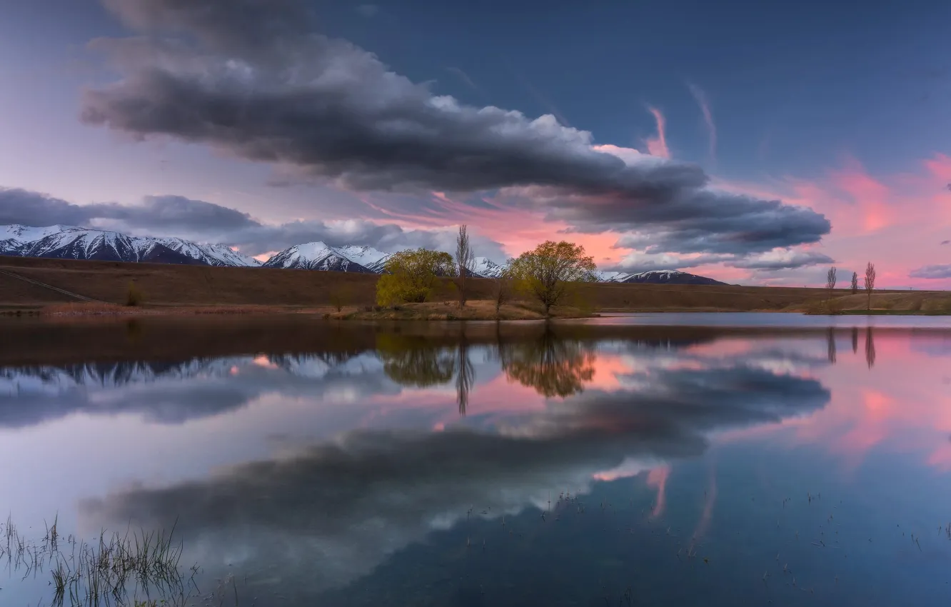 Фото обои облака, отражения, горы, озеро, Новая Зеландия