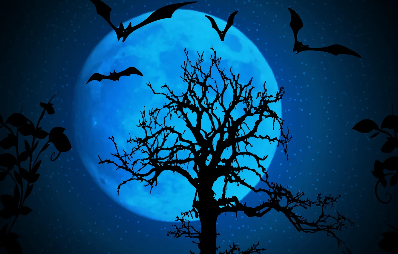Фото обои звезды, ночь, дерево, надпись, луна, летучие мыши, хеллоуин