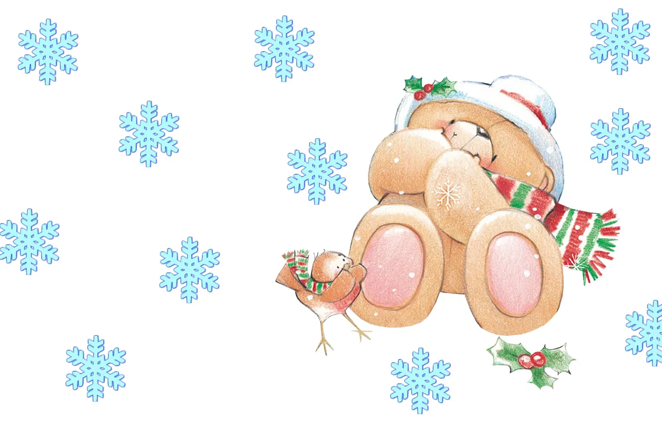 Фото обои зима, настроение, арт, мишка, Новый год, птичка, снежинка, детская, Forever Friends Deckchair bear